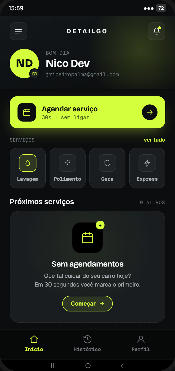 Tela inicial do app DetailGo para clientes